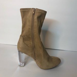 Nude booties w/ clear chunky heel